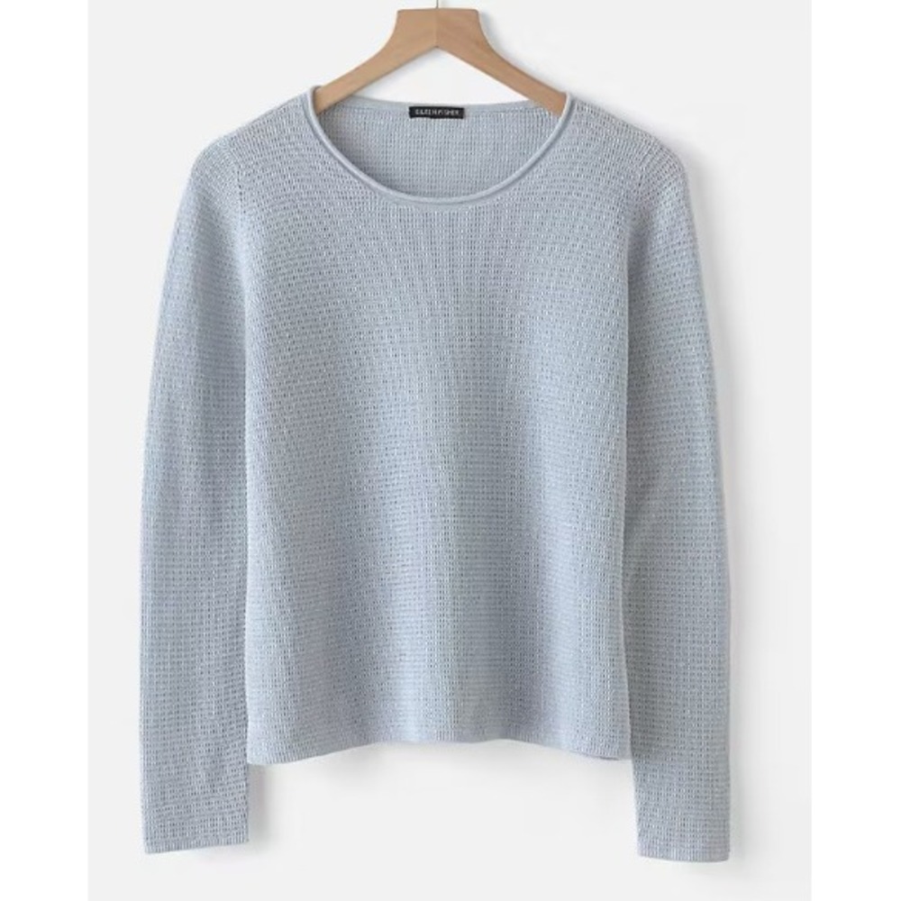 Eileen Fisher Organic Cotton Tencel Rollneck Sweater Drop Shoulder Blue Size L